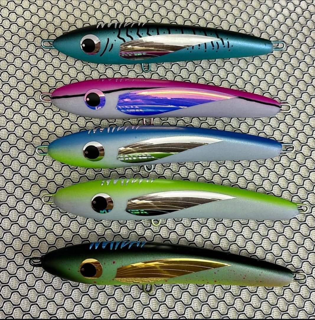 Five Mayday stickbaits in different colour finishes